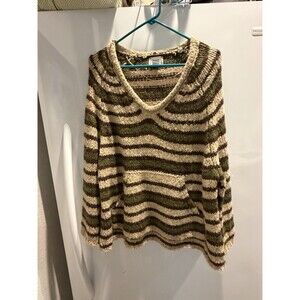 BDG Striped Knit Sweater V-Neck Kangaroo Pocket Green Brown Women's M